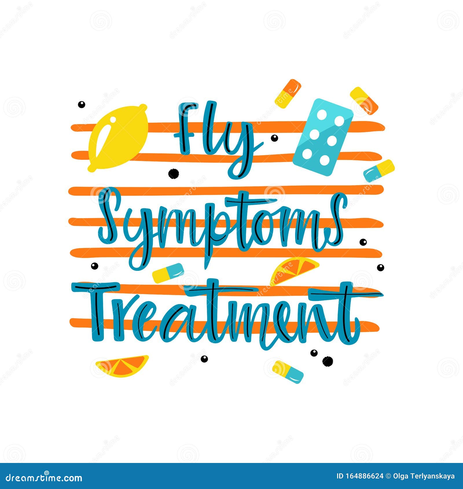 handwritten flu symptoms treatment with varios means and mediciness on on striped background.